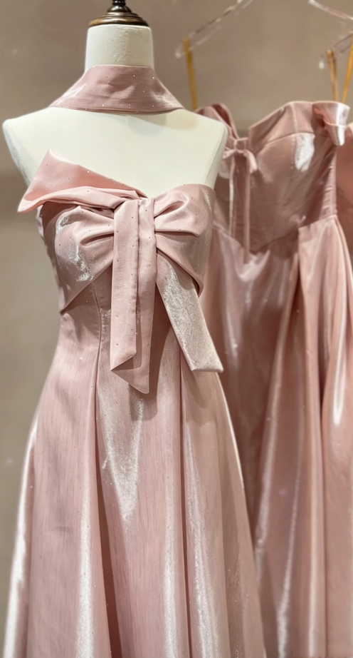 Glitter Pink Multi-Style Set Strapless/Off Shoulder A-Line Satin Long Bridesmaid Dress AB079