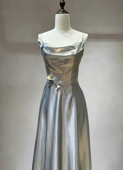 Shimmer Silver Multi-Style Set Spaghetti Straps/Off Shoulder Rhinestone Accent 3D Floral Stain A-Line Bridesmaid Dress AB080