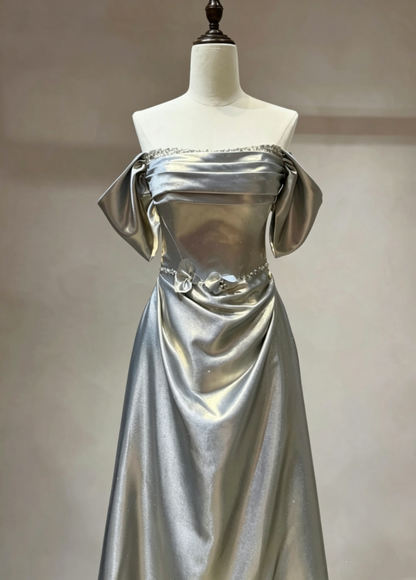 Shimmer Silver Multi-Style Set Spaghetti Straps/Off Shoulder Rhinestone Accent 3D Floral Stain A-Line Bridesmaid Dress AB080