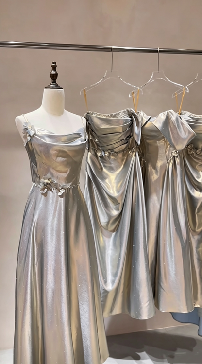 Shimmer Silver Multi-Style Set Spaghetti Straps/Off Shoulder Rhinestone Accent 3D Floral Stain A-Line Bridesmaid Dress AB080