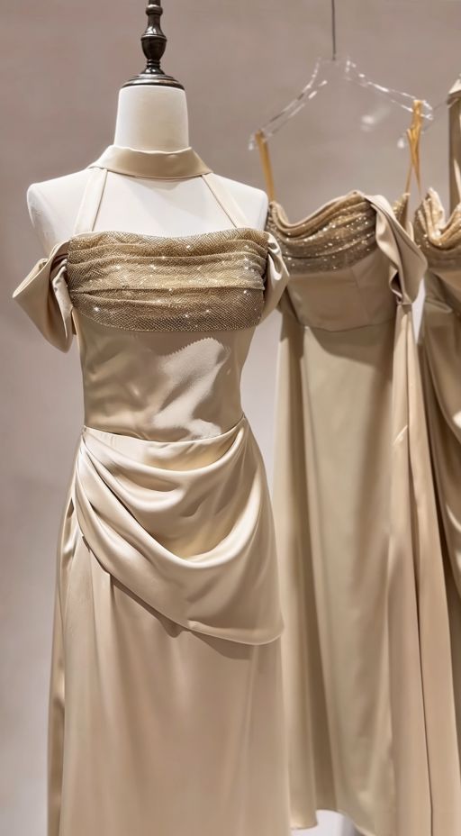 Sleek Champagne Glitter Off Shoulder Ruched Waist A Line Stain Long Bridesmaid Dress AB081