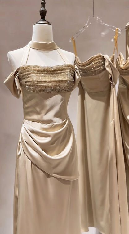 Sleek Champagne Glitter Off Shoulder Ruched Waist A Line Stain Long Bridesmaid Dress AB081
