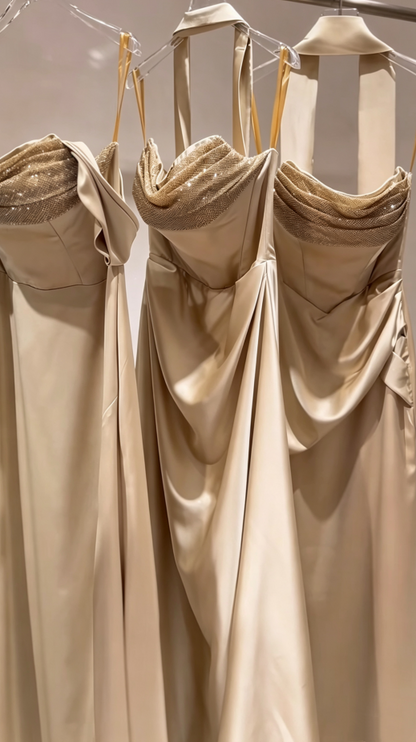 Sleek Champagne Glitter Off Shoulder Ruched Waist A Line Stain Long Bridesmaid Dress AB081