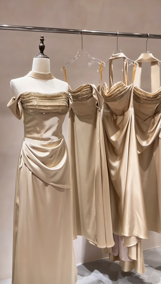 Sleek Champagne Glitter Off Shoulder Ruched Waist A Line Stain Long Bridesmaid Dress AB081