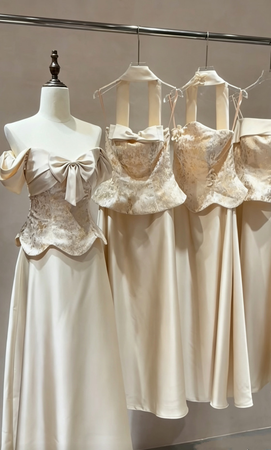Romantic Ivory Floral Print Corset Top Multi-Style Off Shoulder / Strapless Flowy A Line Stain Long Bridesmaid Dress With Bow And 3D Flower Appliques AB082