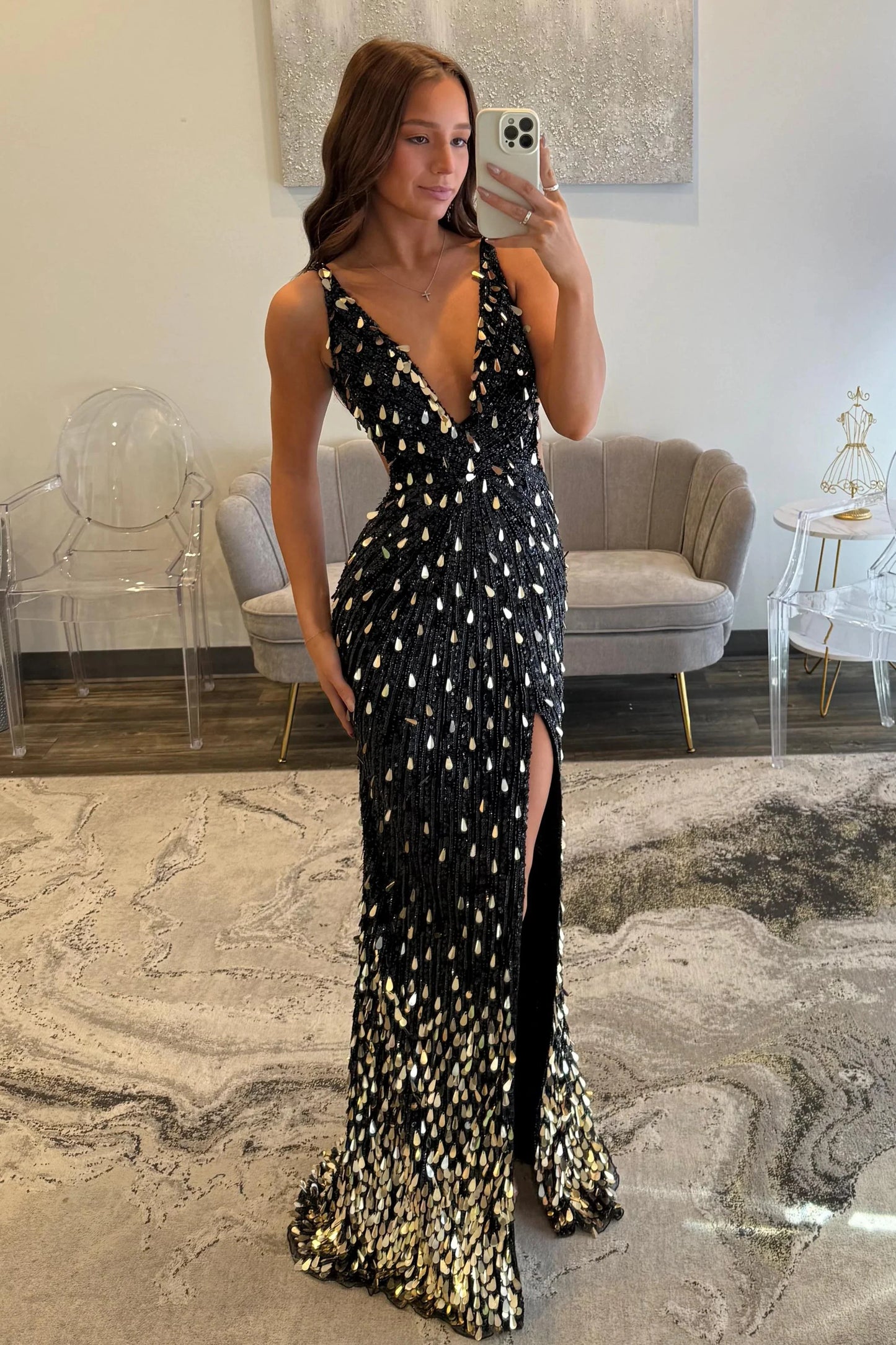 Fully Beaded Sheath Gold Prom Dress with Deep V Neck Slit and Open Back AD001