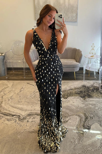 Fully Beaded Sheath Gold Prom Dress with Deep V Neck Slit and Open Back AD001