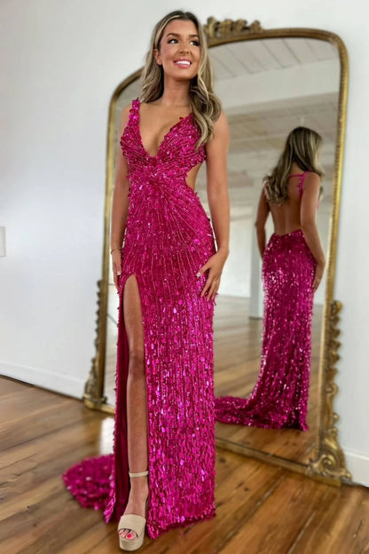 Fully Beaded Sheath Gold Prom Dress with Deep V Neck Slit and Open Back AD001