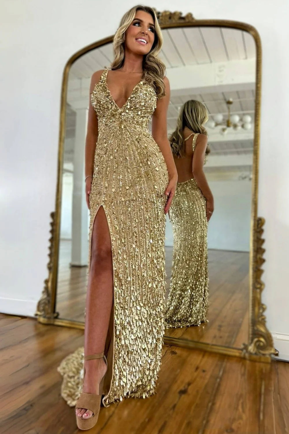 Fully Beaded Sheath Gold Prom Dress with Deep V Neck Slit and Open Back AD001