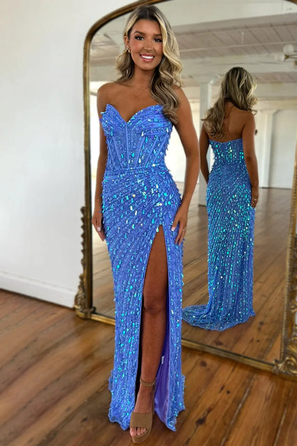 Sweetheart Mermaid  Sequins Prom Dress with High Slit Long Evening Dress AD002