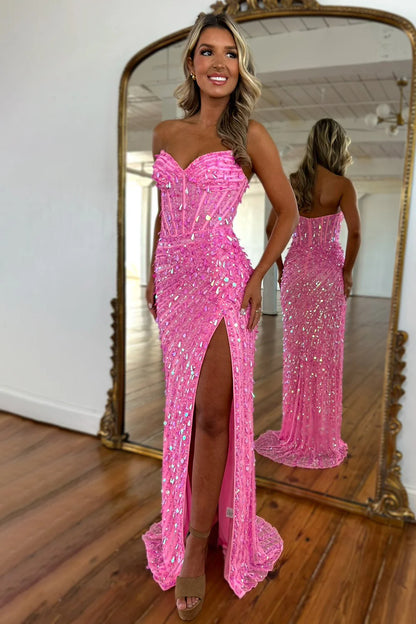 Sweetheart Mermaid  Sequins Prom Dress with High Slit Long Evening Dress AD002