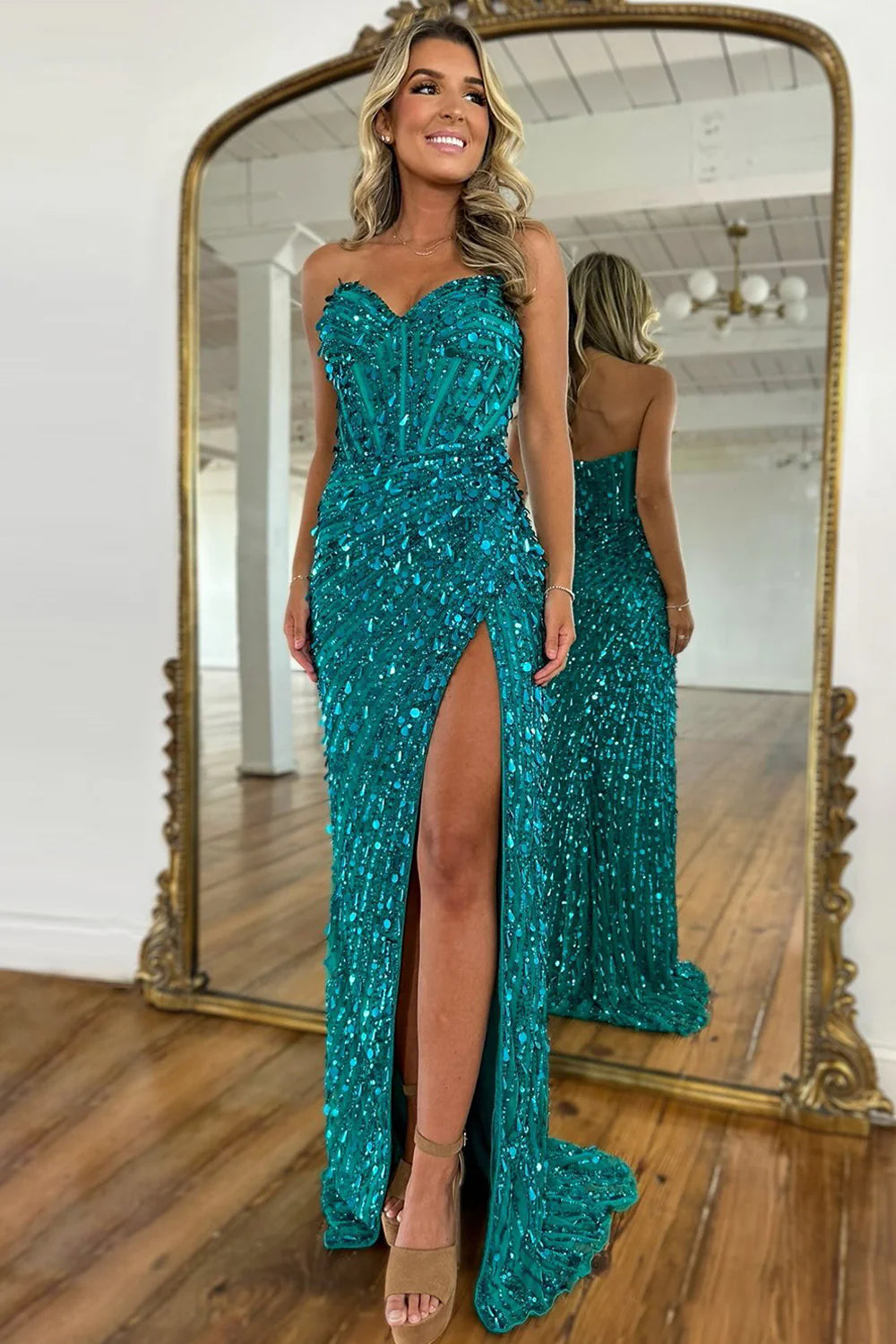 Sweetheart Mermaid  Sequins Prom Dress with High Slit Long Evening Dress AD002