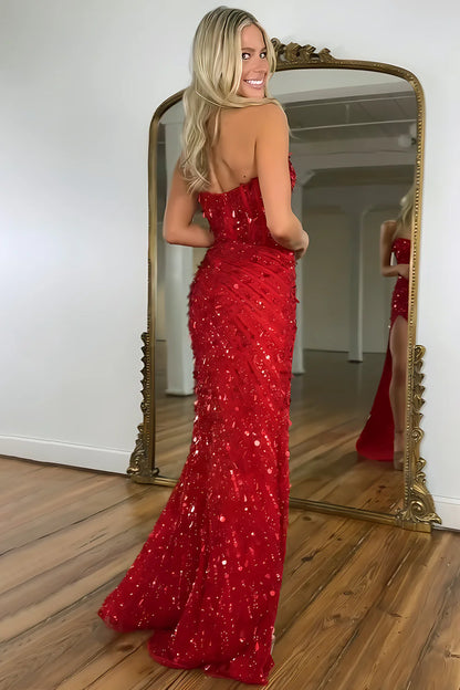 Sweetheart Mermaid  Sequins Prom Dress with High Slit Long Evening Dress AD002