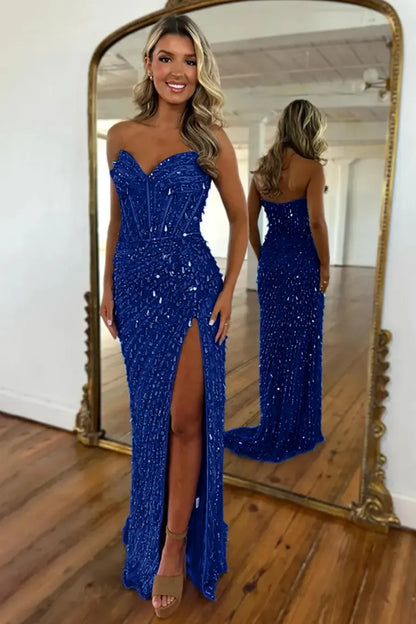 Sweetheart Mermaid  Sequins Prom Dress with High Slit Long Evening Dress AD002