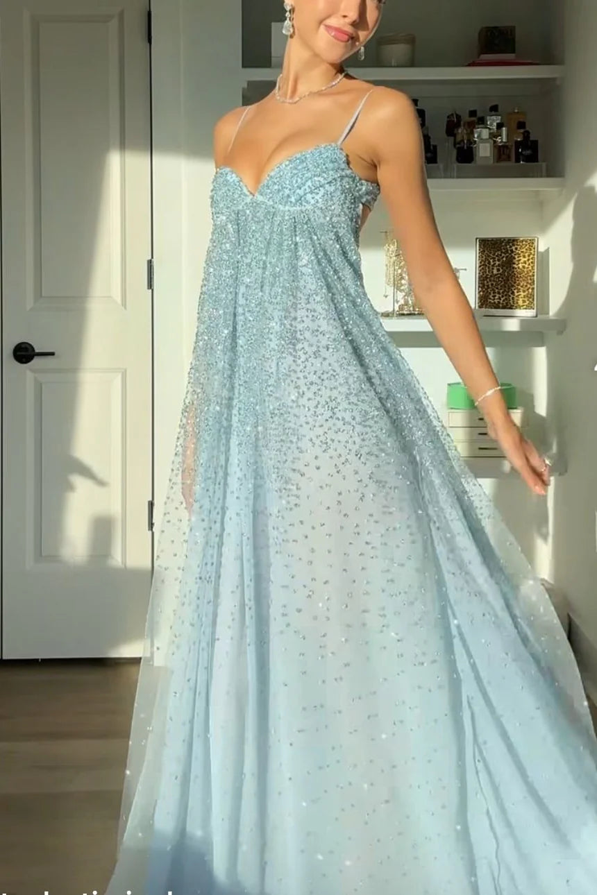 Bling A Line Spaghetti Straps Grey Blue Long Party Dress with Beading AD004