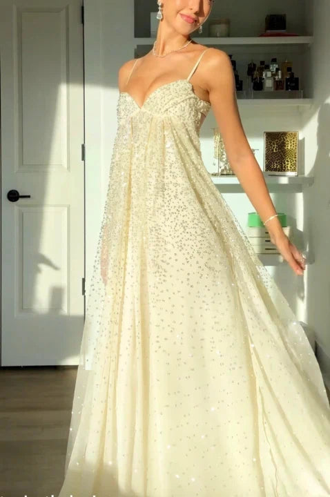 Bling A Line Spaghetti Straps Grey Blue Long Party Dress with Beading AD004