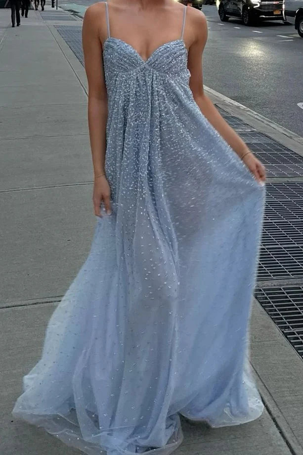 Bling A Line Spaghetti Straps Grey Blue Long Party Dress with Beading AD004