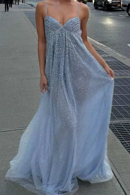 Bling A Line Spaghetti Straps Grey Blue Long Party Dress with Beading AD004
