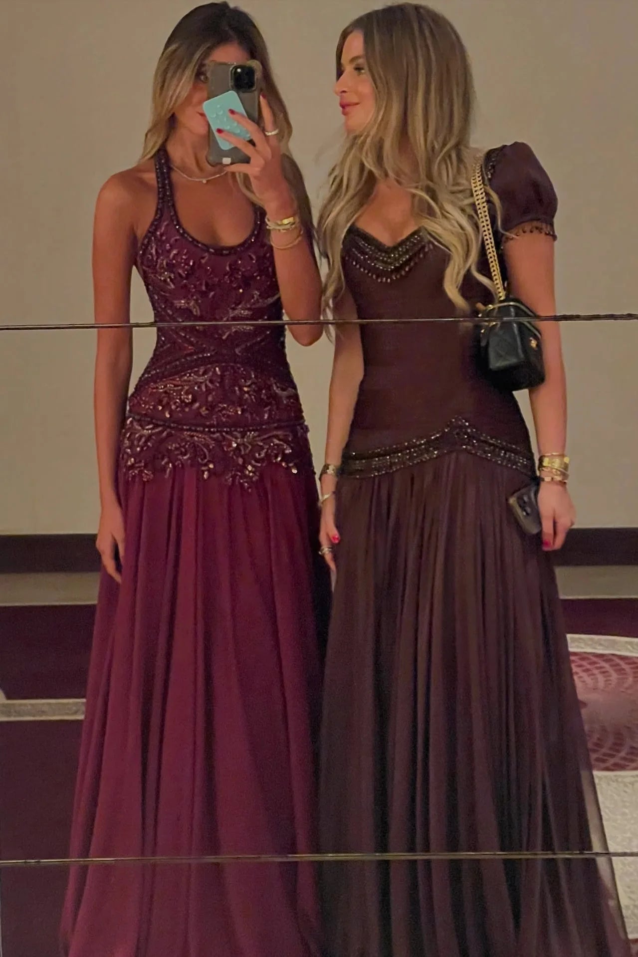 Romantic A Line Halter Neck Burgundy Long Prom Dress with Appliques Beading AD005