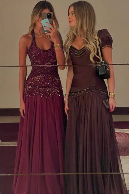 Romantic A Line Halter Neck Burgundy Long Prom Dress with Appliques Beading AD005
