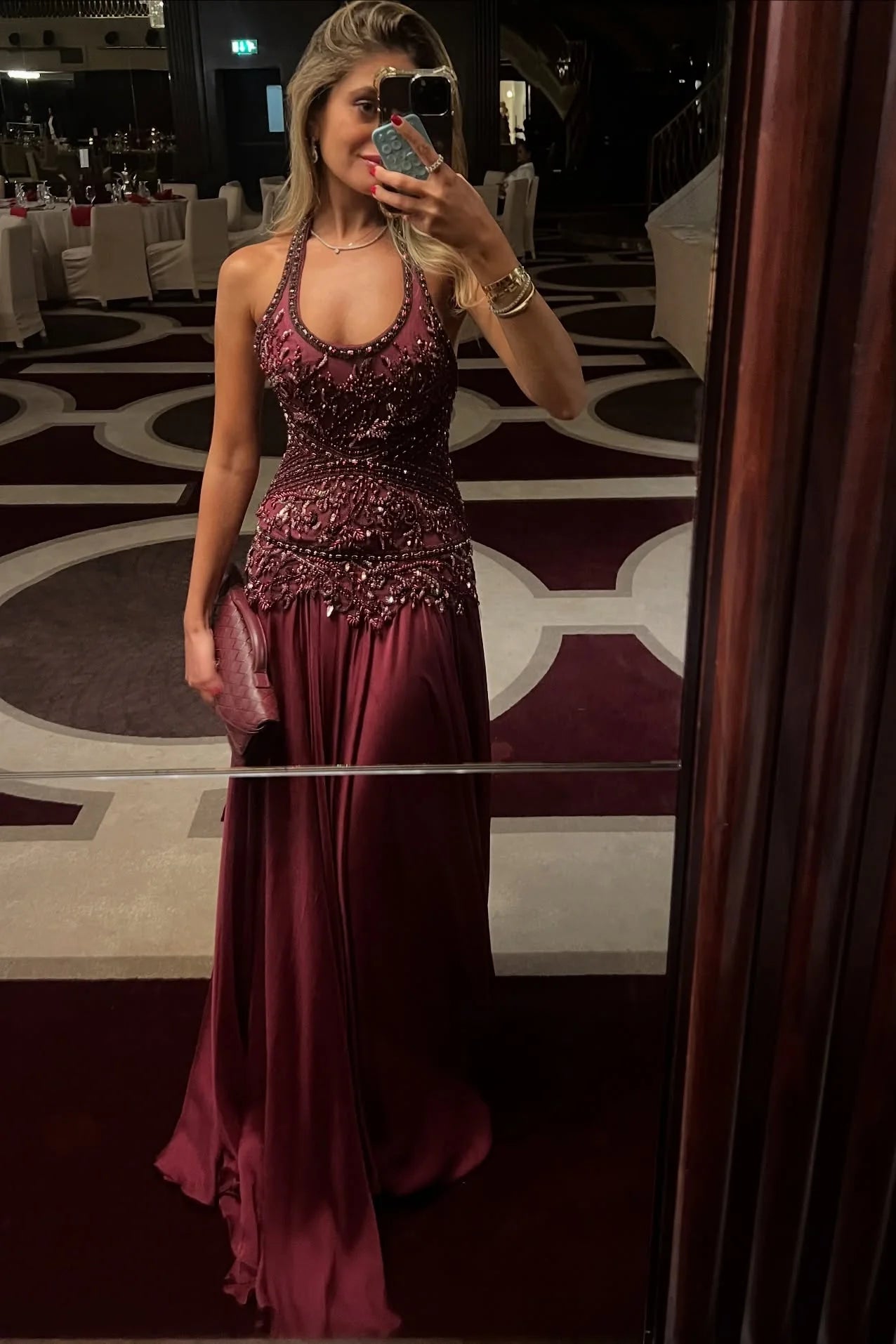 Romantic A Line Halter Neck Burgundy Long Prom Dress with Appliques Beading AD005