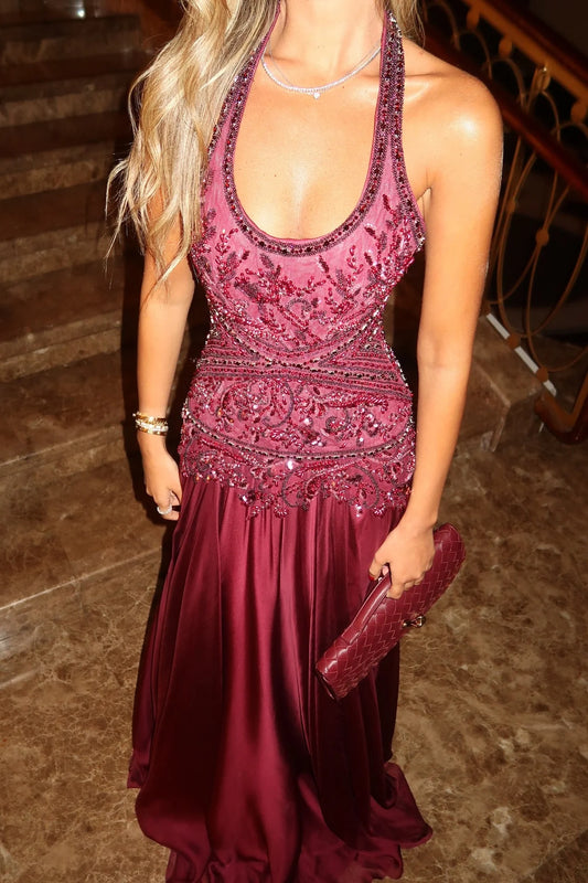Romantic A Line Halter Neck Burgundy Long Prom Dress with Appliques Beading AD005