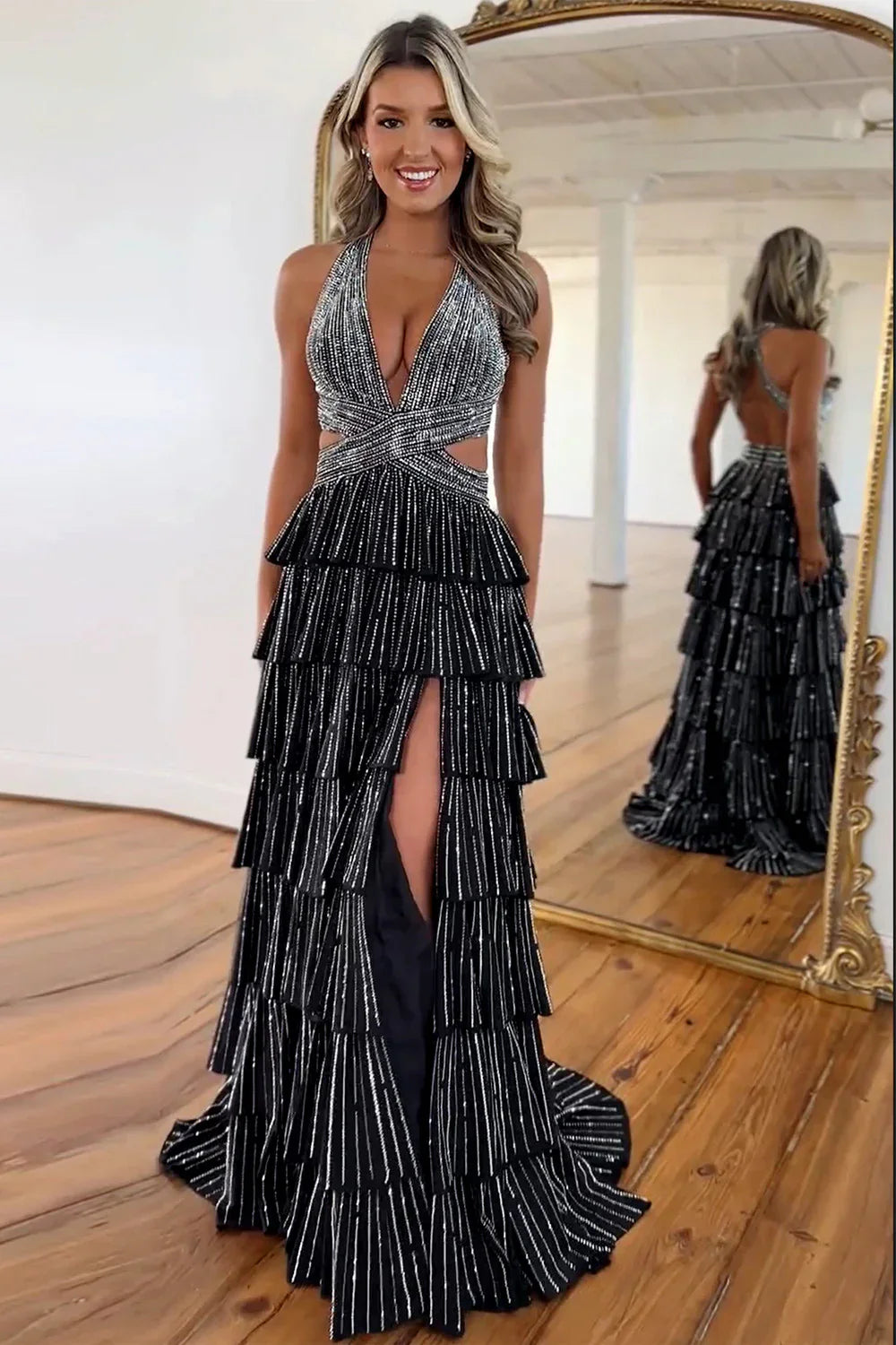 Sexy Sparkly Black A-Line V-Neck Layered Beaded Prom Dress with Leg Slit AD006
