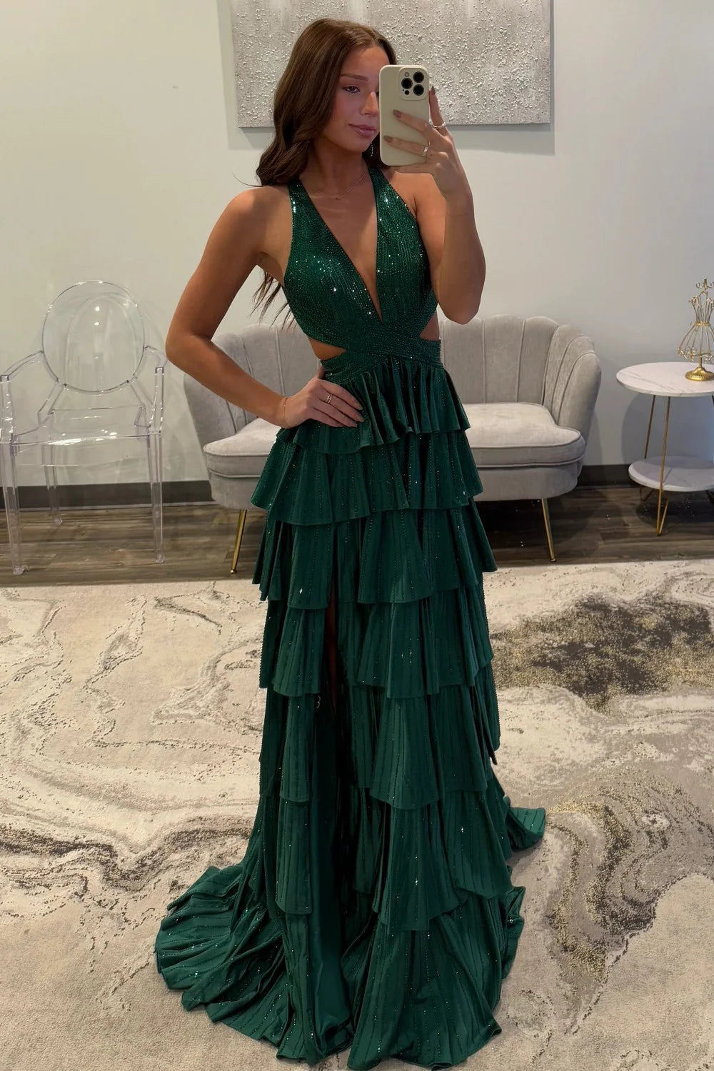 Sexy Sparkly Black A-Line V-Neck Layered Beaded Prom Dress with Leg Slit AD006