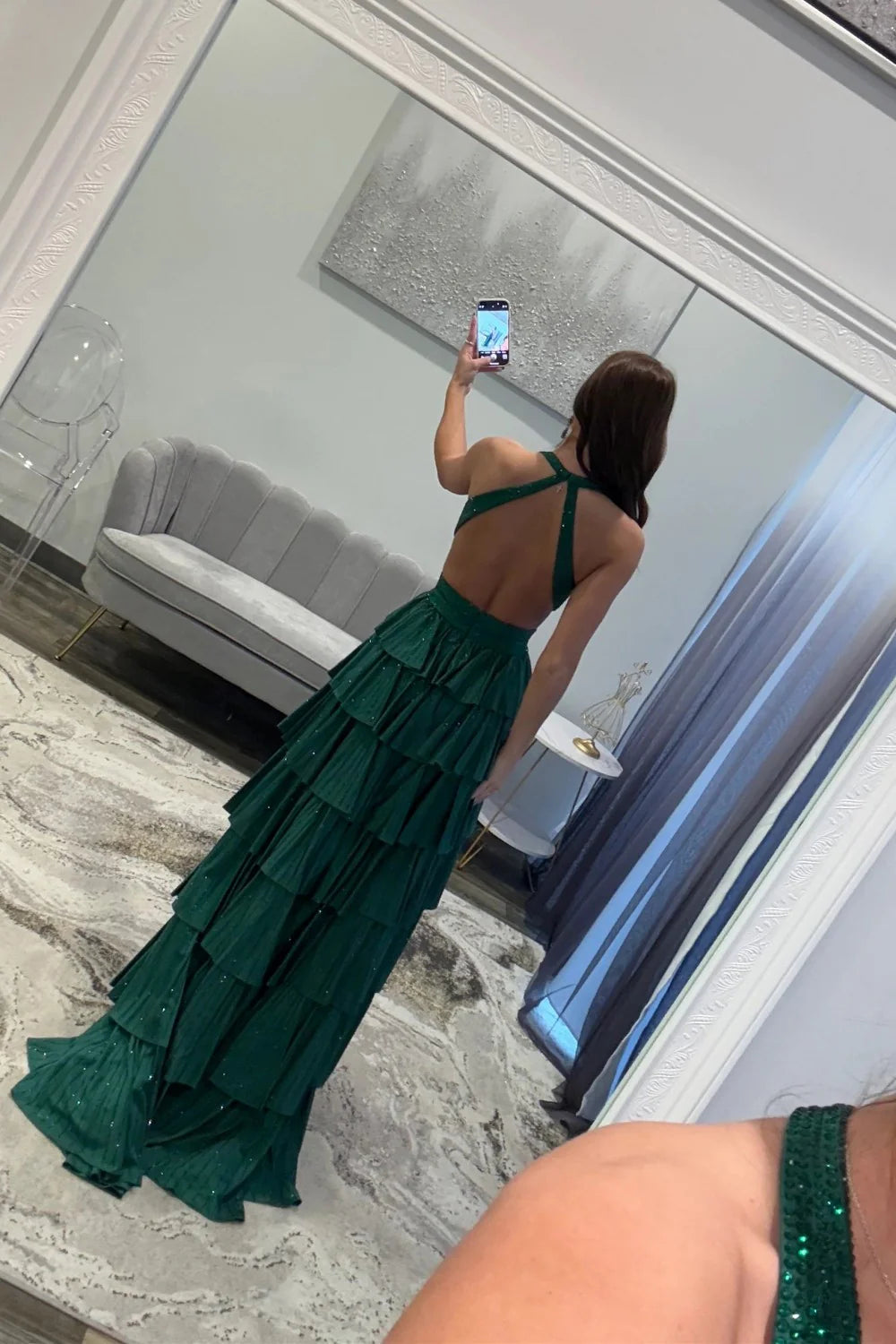 Sexy Sparkly Black A-Line V-Neck Layered Beaded Prom Dress with Leg Slit AD006