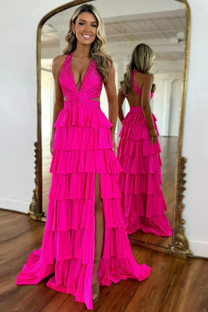 Sexy Sparkly Black A-Line V-Neck Layered Beaded Prom Dress with Leg Slit AD006