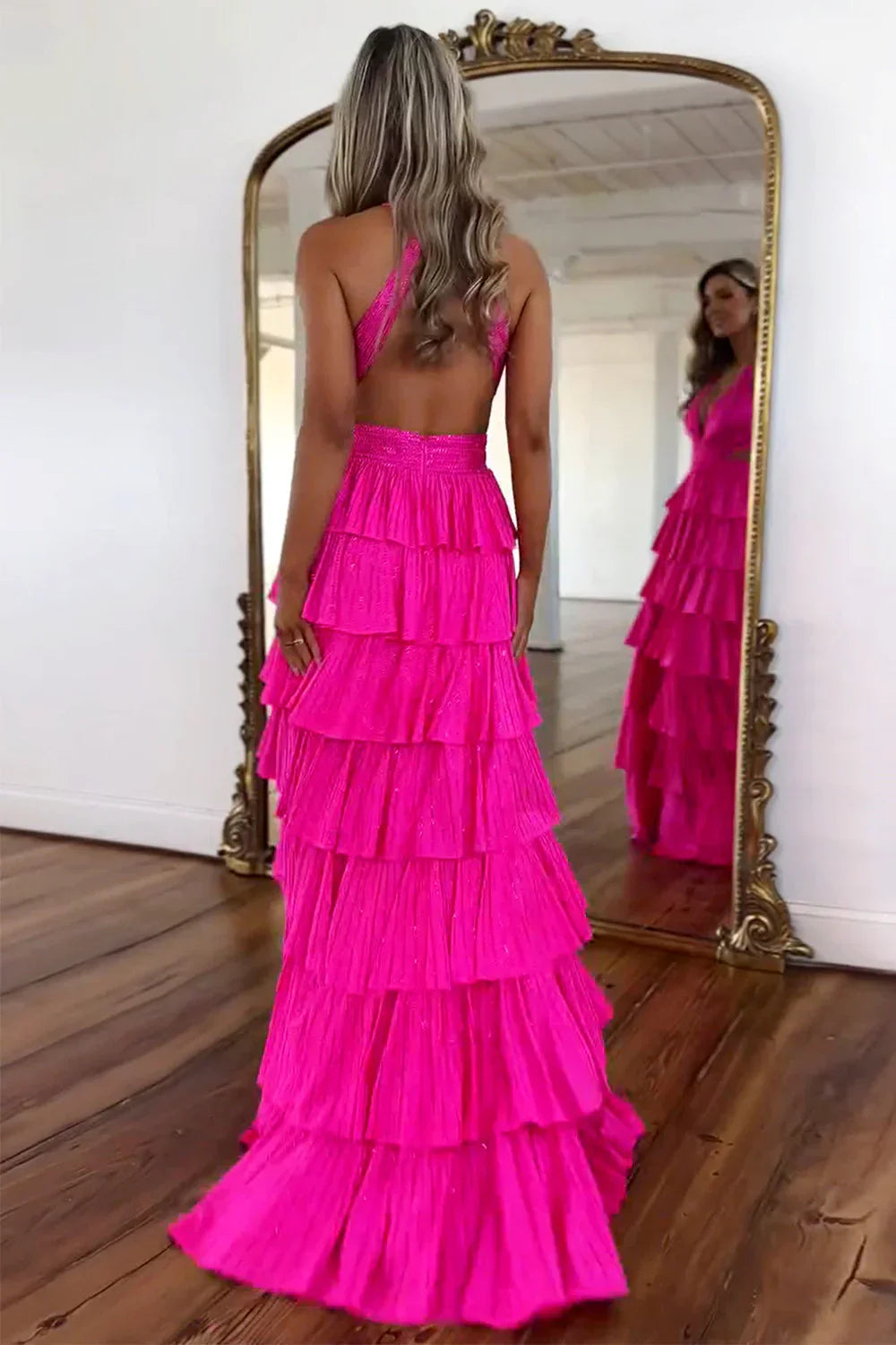 Sexy Sparkly Black A-Line V-Neck Layered Beaded Prom Dress with Leg Slit AD006