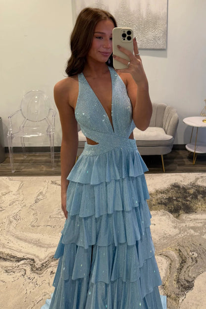 Sexy Sparkly Black A-Line V-Neck Layered Beaded Prom Dress with Leg Slit AD006