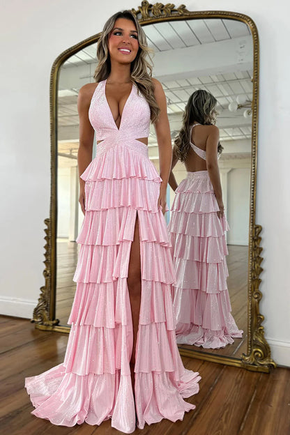 Sexy Sparkly Black A-Line V-Neck Layered Beaded Prom Dress with Leg Slit AD006