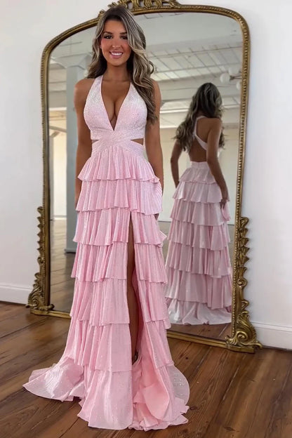 Sexy Sparkly Black A-Line V-Neck Layered Beaded Prom Dress with Leg Slit AD006