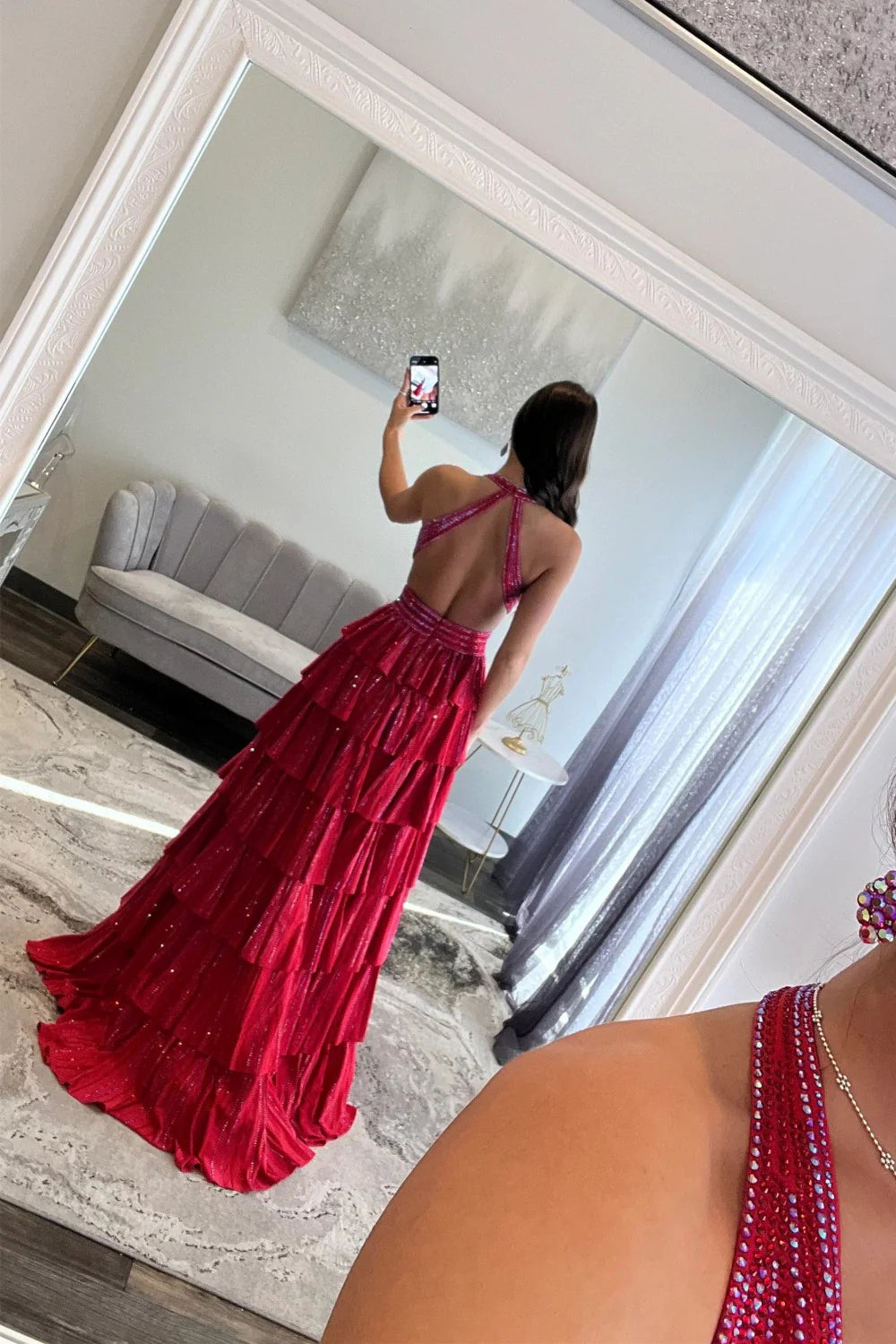 Sexy Sparkly Black A-Line V-Neck Layered Beaded Prom Dress with Leg Slit AD006