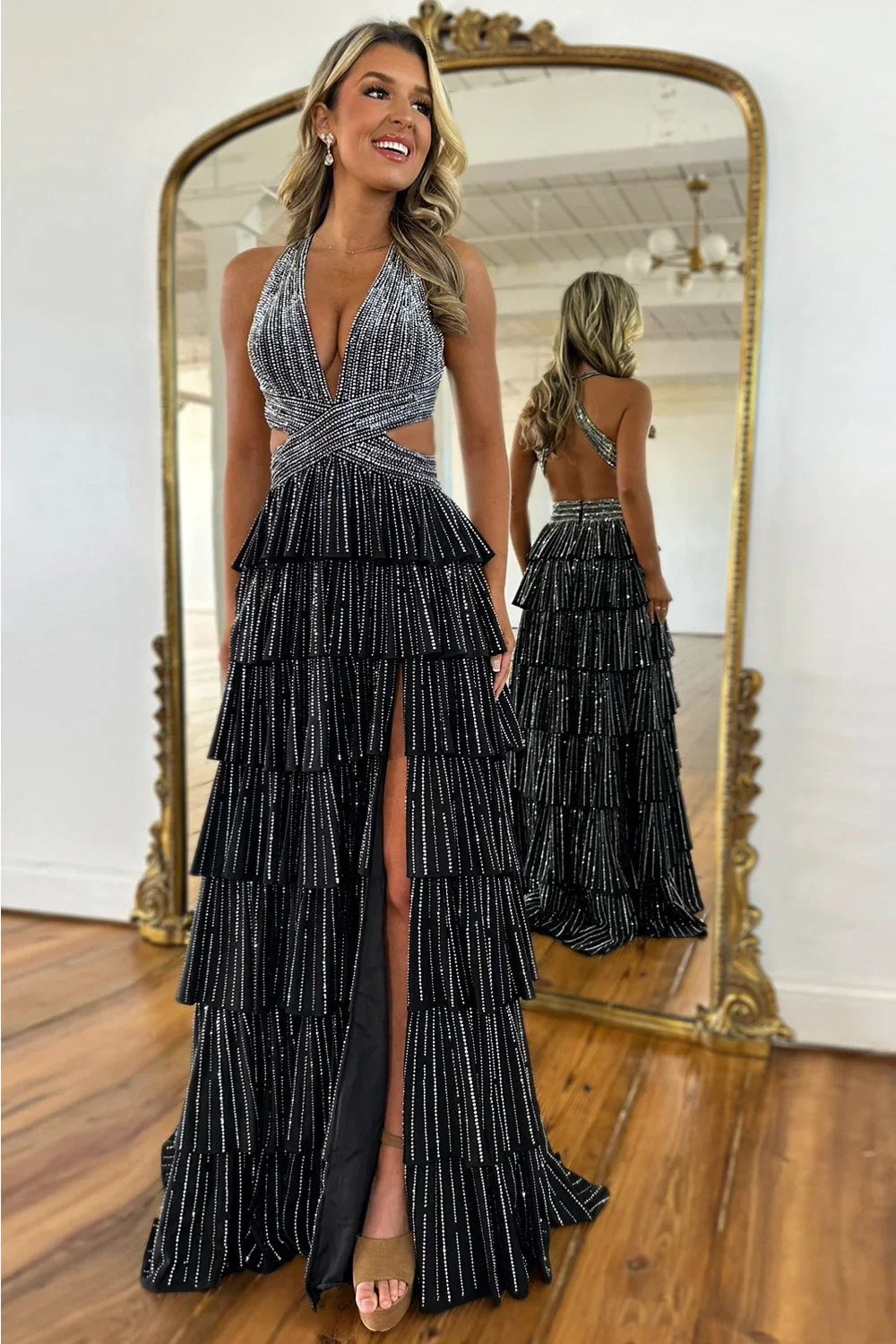 Sexy Sparkly Black A-Line V-Neck Layered Beaded Prom Dress with Leg Slit AD006