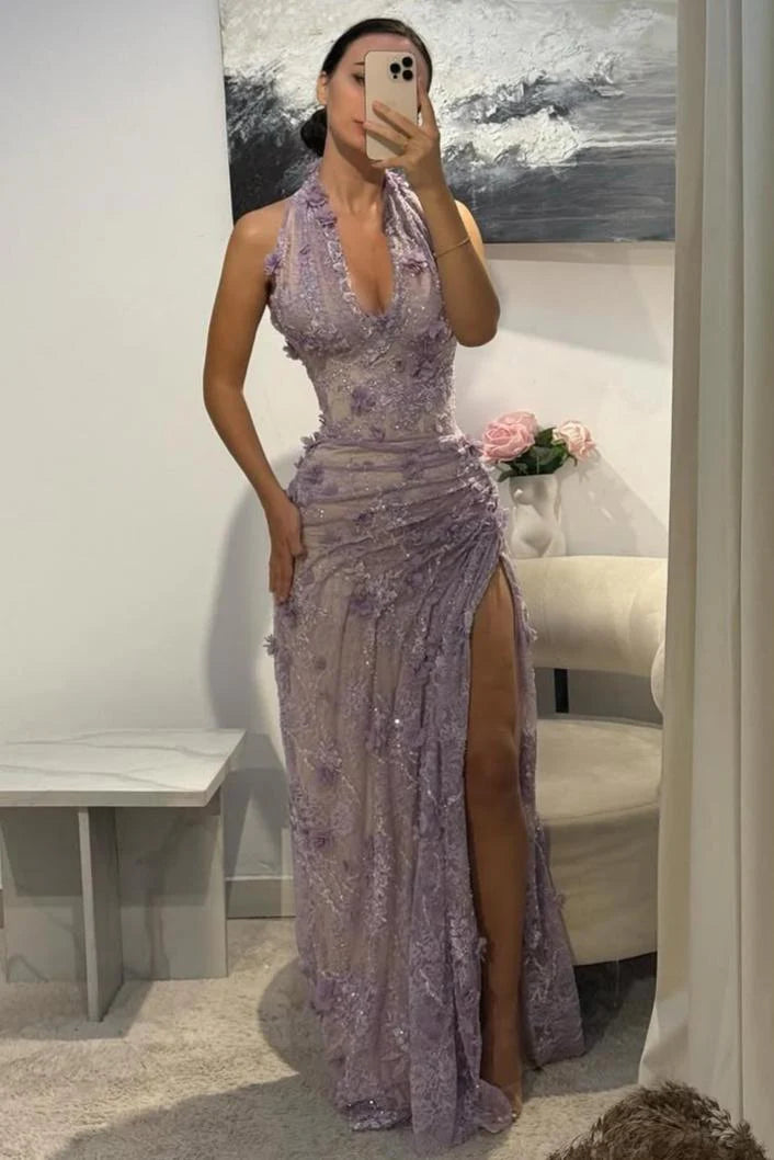 Gorgeous Mermaid Halter Neck Green Long Party Dress with 3D Flowers AD007