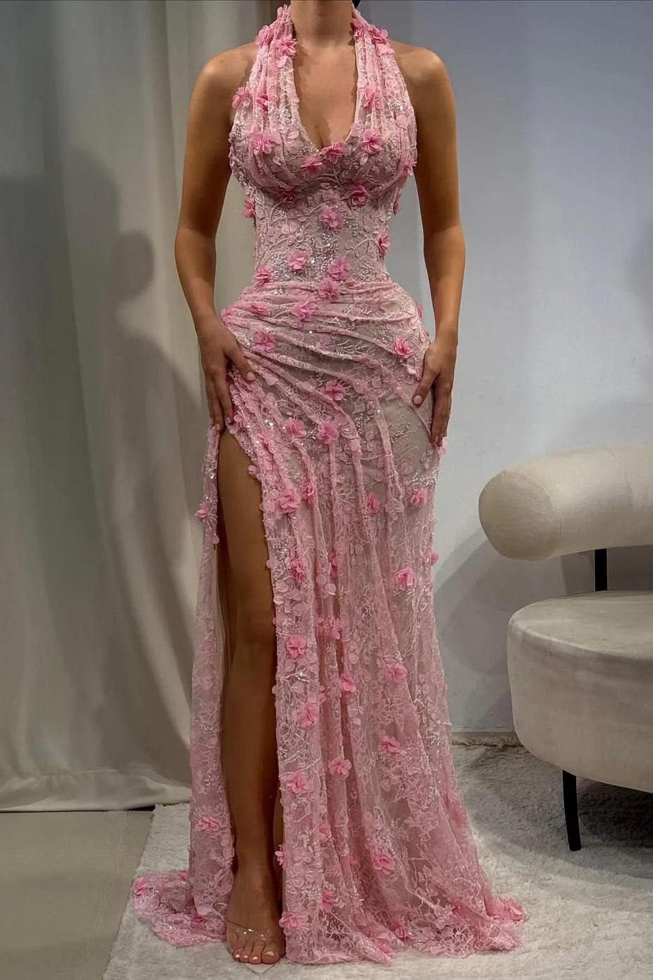 Gorgeous Mermaid Halter Neck Green Long Party Dress with 3D Flowers AD007