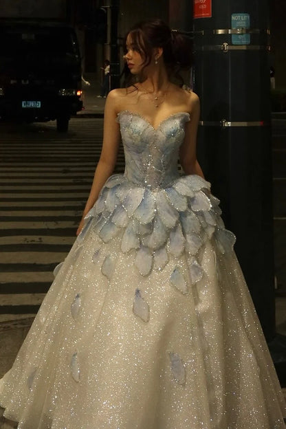 Princess A Line Sweetheart Light Blue Long Prom Dress with Beading AD008