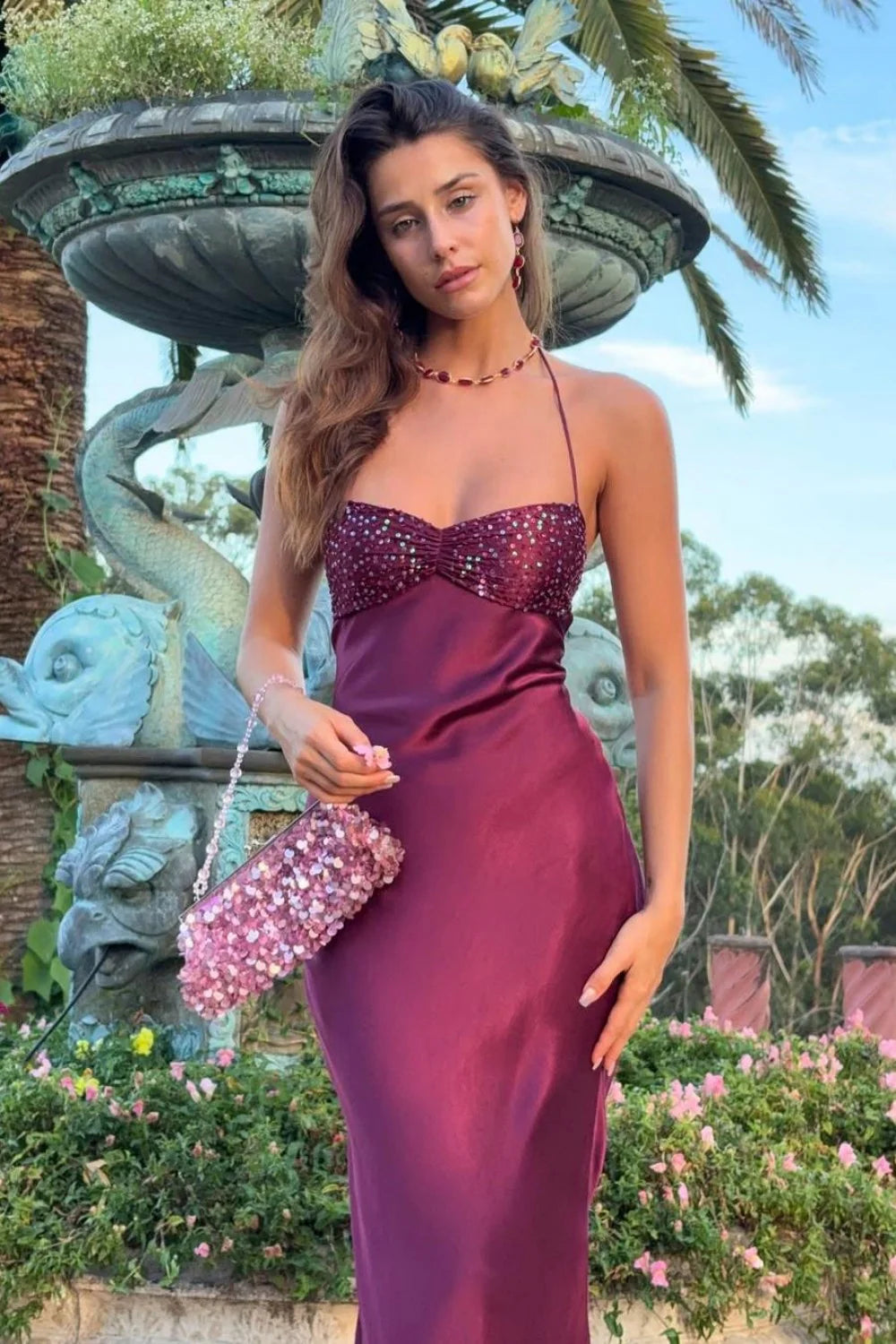 Chic Satin Halter Neck Lace Up Long Prom Party Dress with Sequin AD009