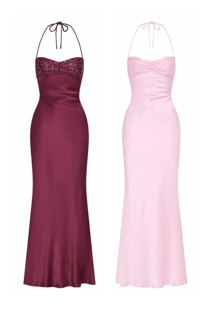 Chic Satin Halter Neck Lace Up Long Prom Party Dress with Sequin AD009