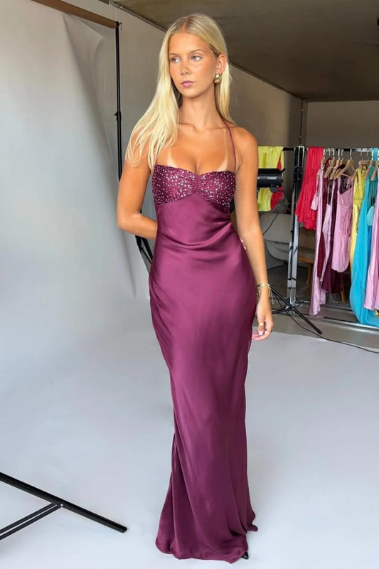 Chic Satin Halter Neck Lace Up Long Prom Party Dress with Sequin AD009