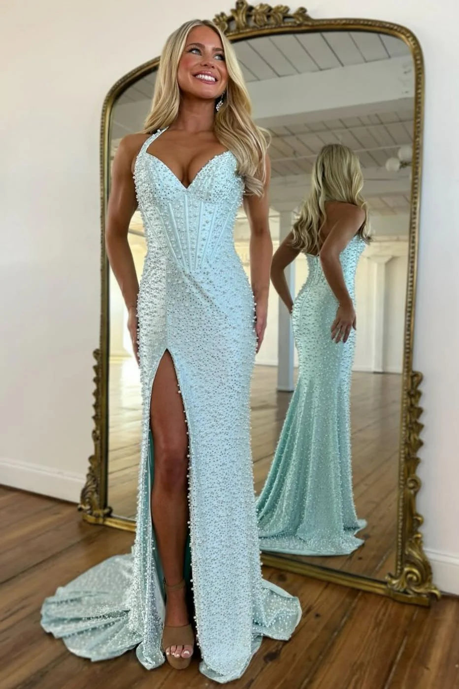 Gorgeous Light Blue Beaded Halter Mermaid Prom Dress With Pearls and Slit AD010