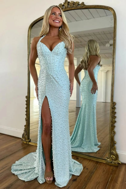 Gorgeous Light Blue Beaded Halter Mermaid Prom Dress With Pearls and Slit AD010