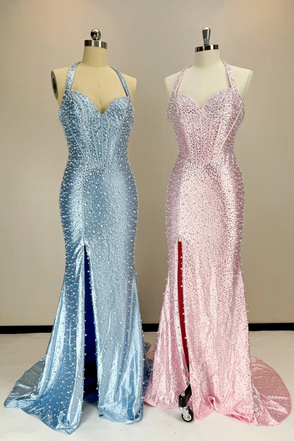 Gorgeous Light Blue Beaded Halter Mermaid Prom Dress With Pearls and Slit AD010