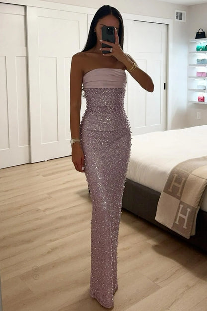 Bling Sheath Strapless Lilac Long Prom Dress with Pearls Slit AD011