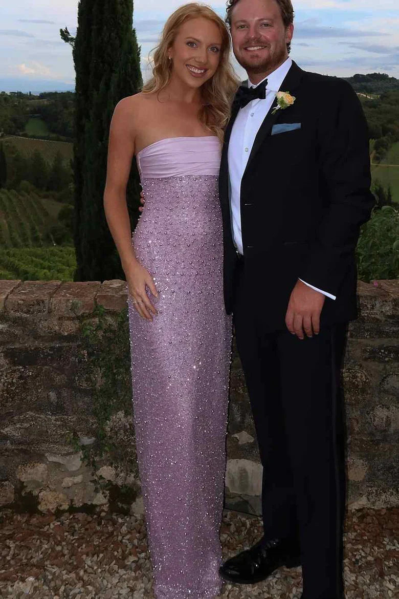 Bling Sheath Strapless Lilac Long Prom Dress with Pearls Slit AD011