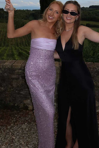 Bling Sheath Strapless Lilac Long Prom Dress with Pearls Slit AD011