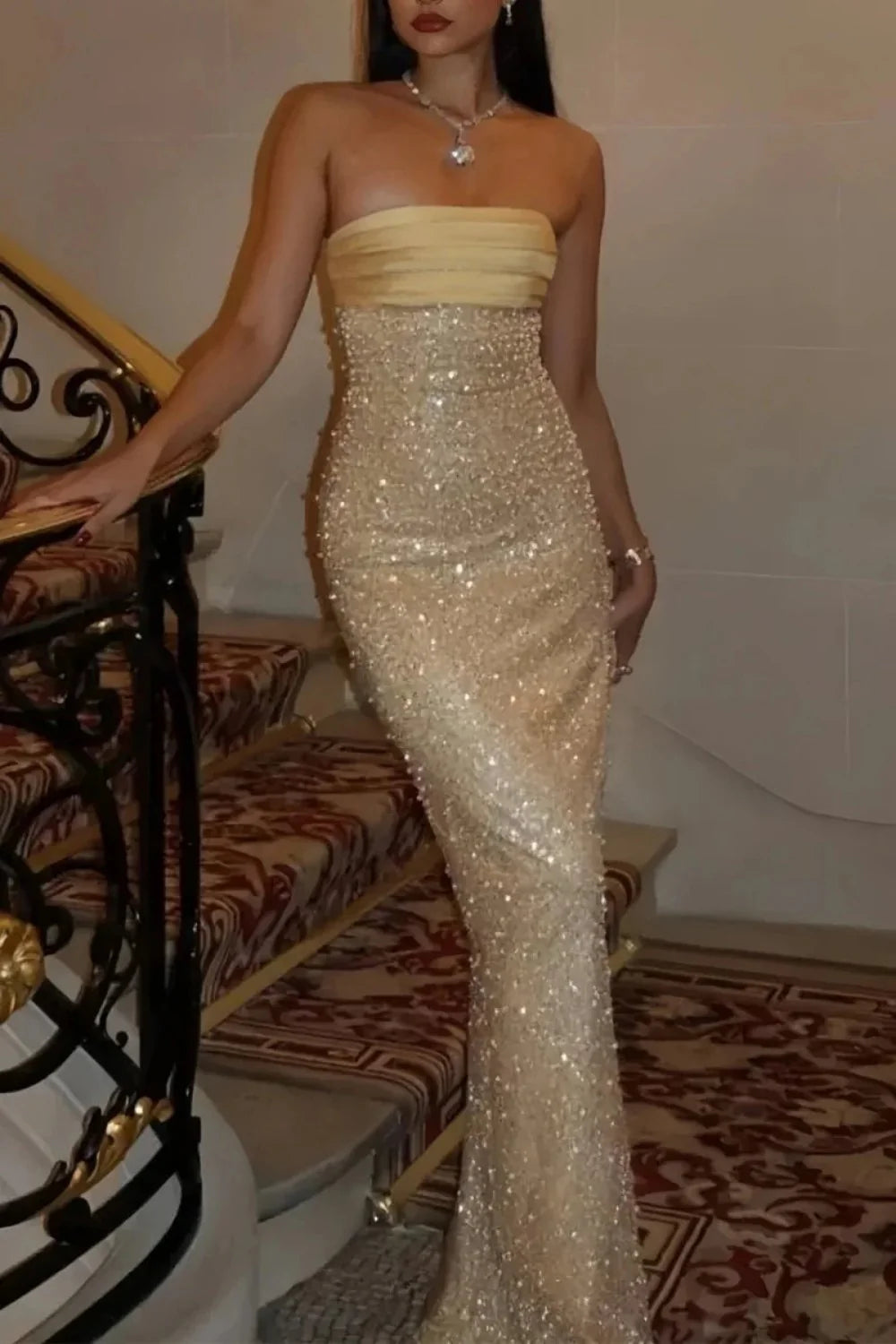 Bling Sheath Strapless Lilac Long Prom Dress with Pearls Slit AD011