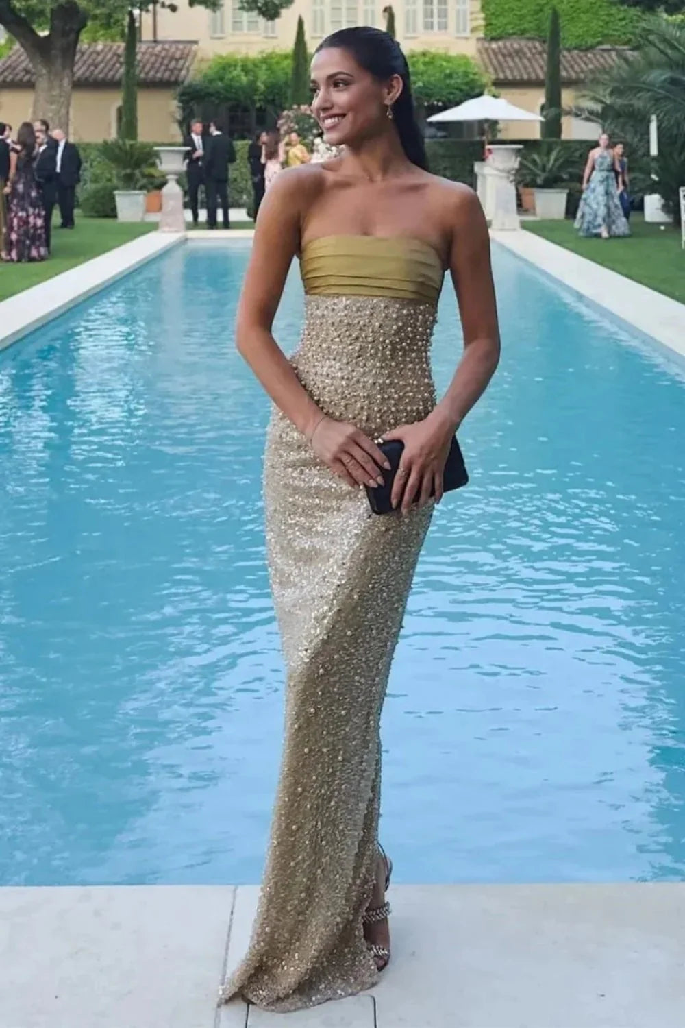 Bling Sheath Strapless Lilac Long Prom Dress with Pearls Slit AD011